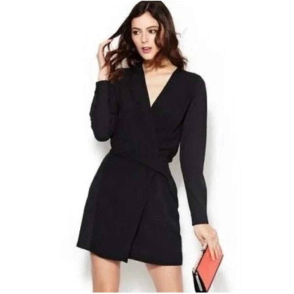 DVF Diane Von Furstenberg Cassie Dress‎ Black Crepe Long Sleeve Faux Wrap Size 8